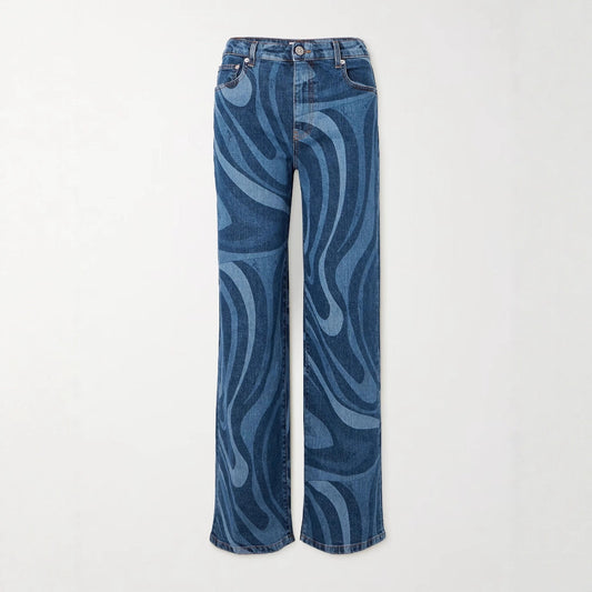 Women's Casual Water Wave Print Straight Leg Denim Pants