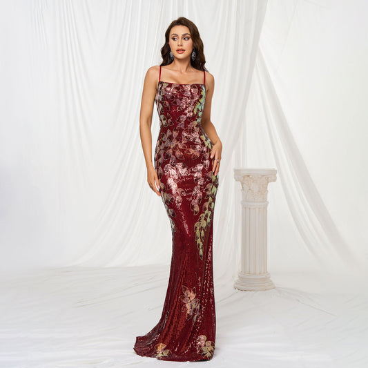 Sling Off-neck Sheath Sequined Banquet Fishtail Evening Dress