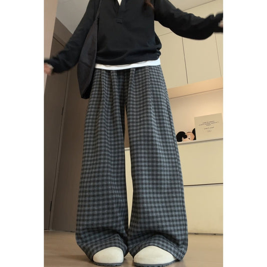 Loose And Versatile Fleece Plaid Wide-leg Pants For Women