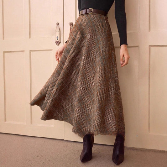 Elegant Retro Women's High Waist Plaid Ribbon Pocket Casual Skirt
