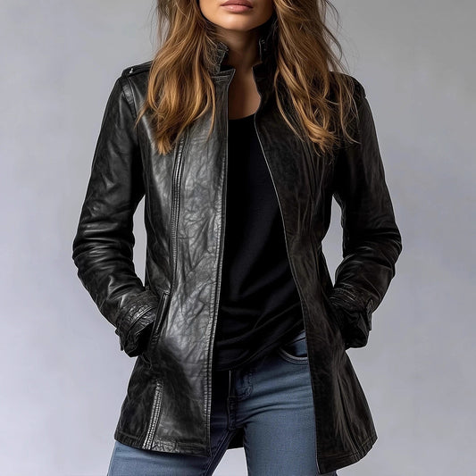 Women's Stand Collar Long Sleeve Distressed Fashion Leather Jacket Coat