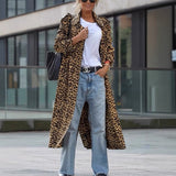 Leopard Print Women's Ultra-long Slim-fit Large Lapel Coat