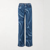 Women's Casual Water Wave Print Straight Leg Denim Pants