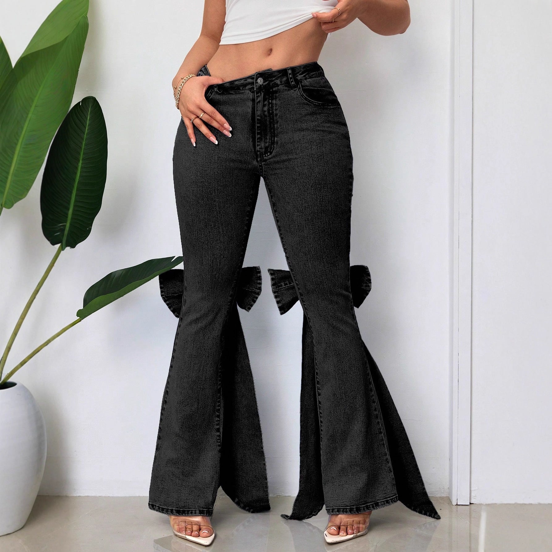 European And American Retro Three-dimensional Bow Slim-fit Mid-stretch Mop Horn Denim Trousers