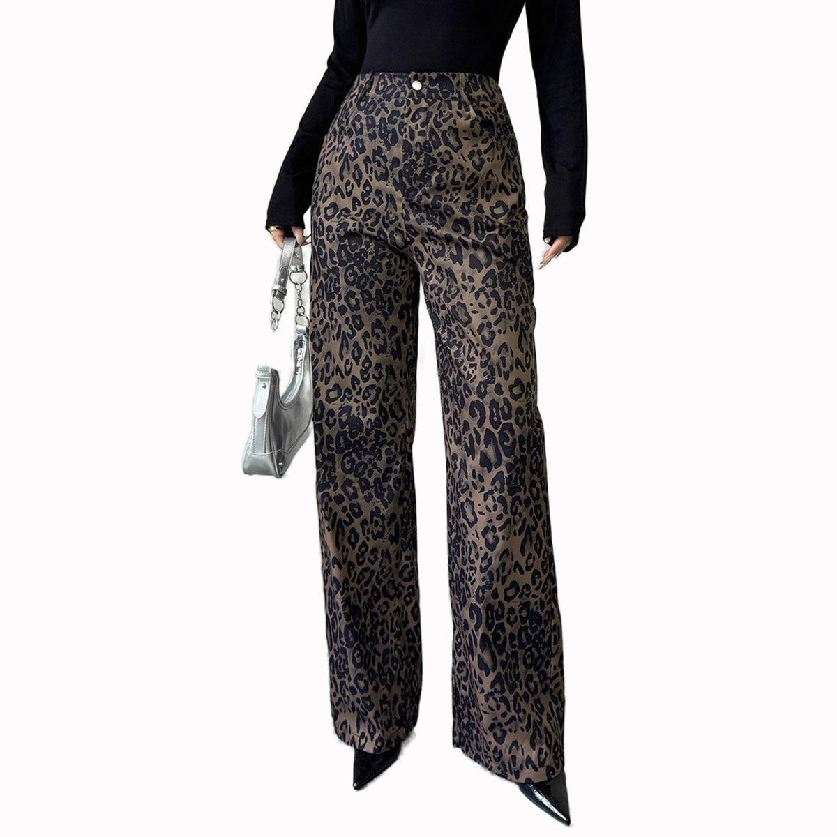 Autumn And Winter High-waisted Leopard Print Wide-leg Pants
