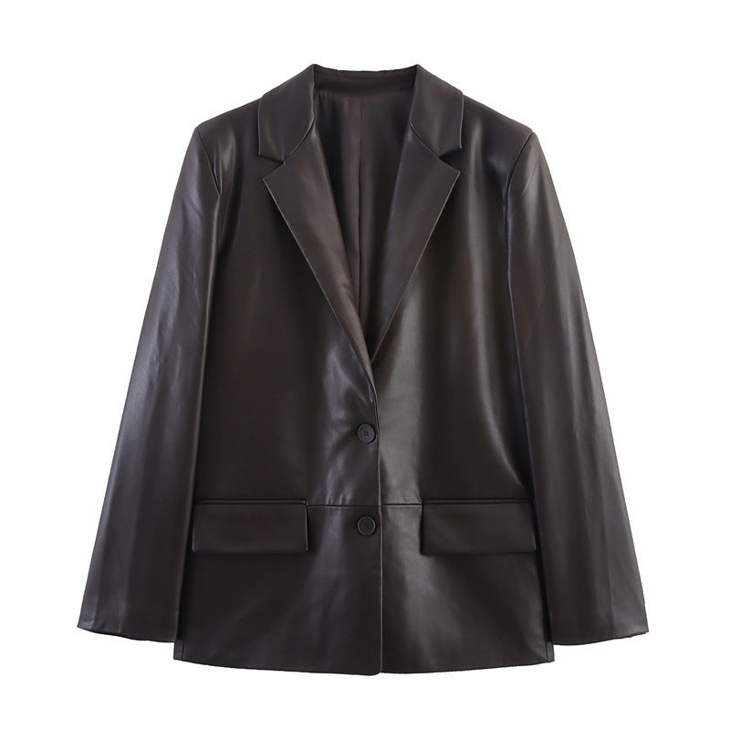 Fashion Temperament Women's Straight Leather Effect Blazer