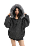 American Striped Detachable Big Fur Collar Hooded Sweater
