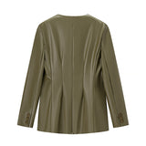 Women's Long-sleeved V-neck Leather Jacket