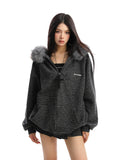 American Striped Detachable Big Fur Collar Hooded Sweater
