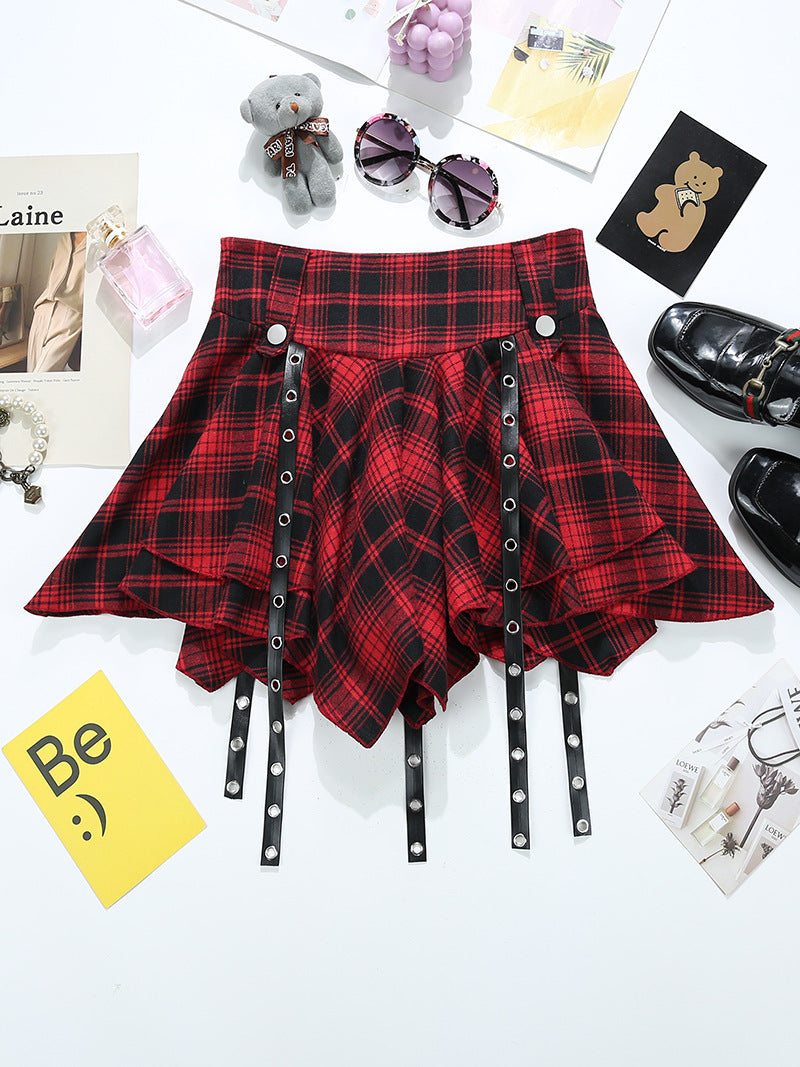 Irregular Red Plaid Pleated Skirt Exposure-proof Skirt