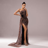 One-shoulder Diagonal Collar Leopard Sequined Evening Dress