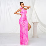 One-shoulder Diagonal Collar Sequined Slit Evening Dress