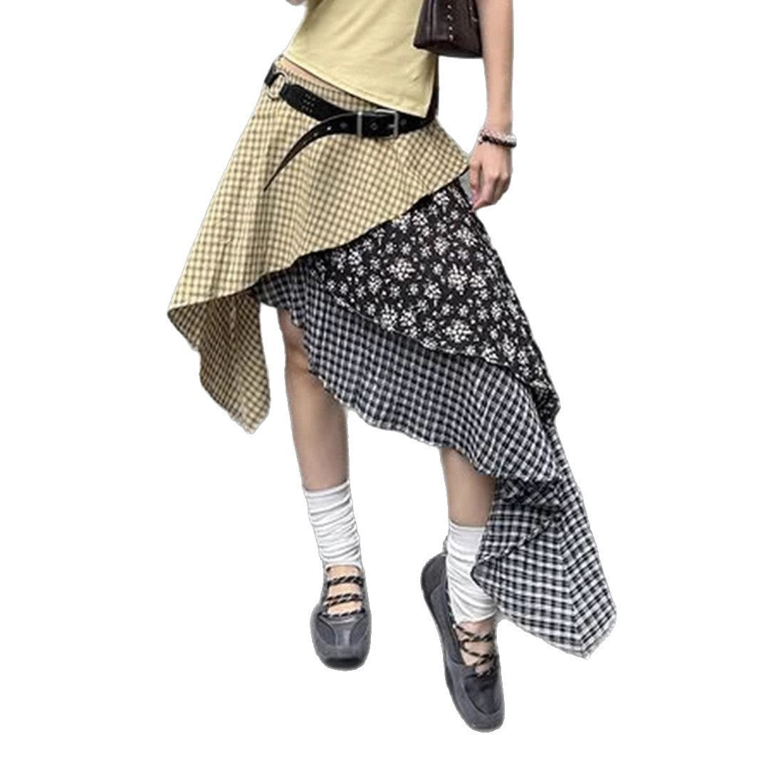 Niche Waste Soil Wind Street Irregular Plaid Floral Slimming Skirt