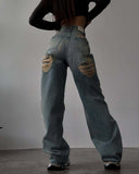 Retro Spicy High Waist Straight Mop Back Ripped Design Jeans
