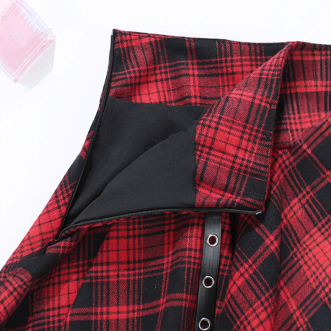 Irregular Red Plaid Pleated Skirt Exposure-proof Skirt