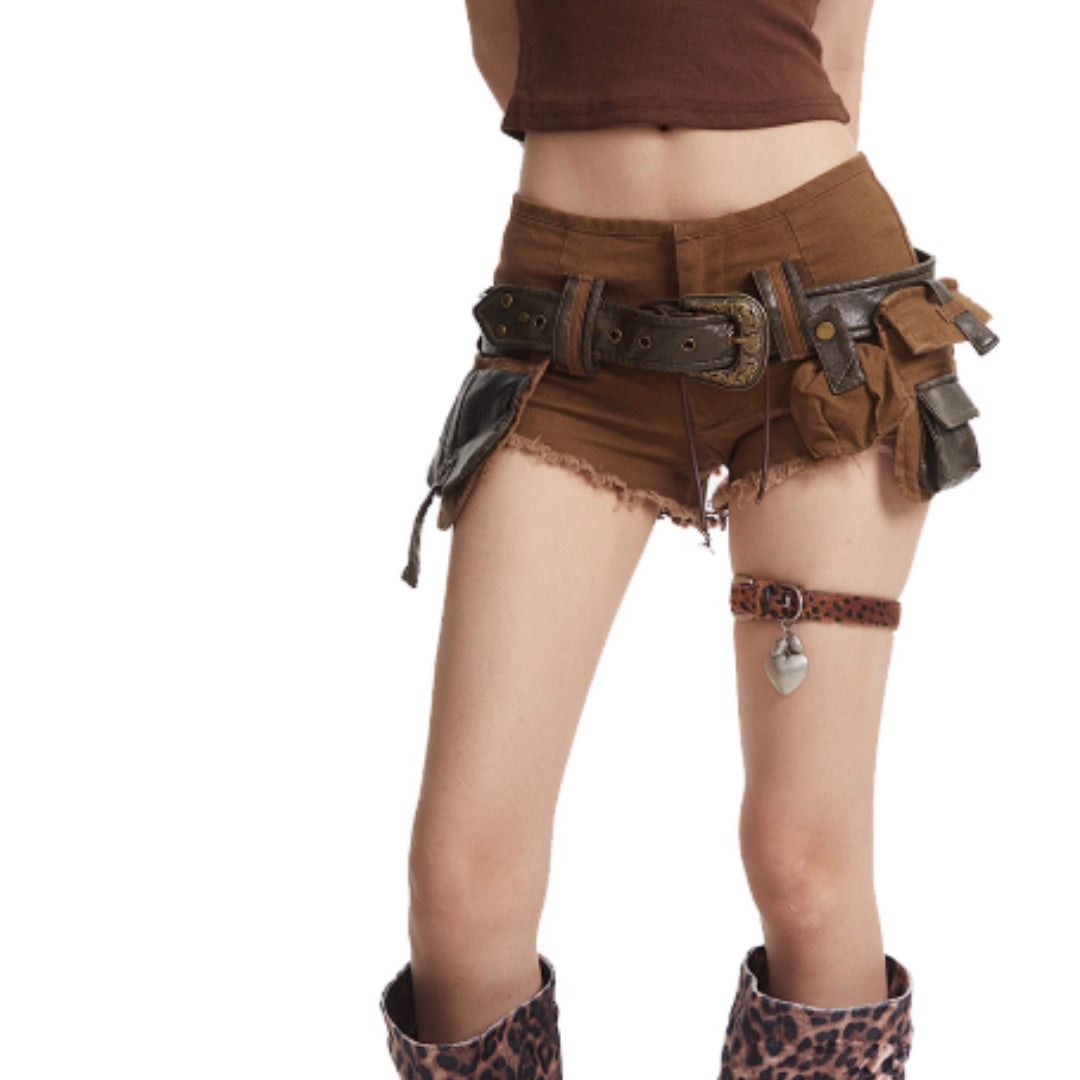 Women's Washed Denim Shorts In Military Green With A Stylish Belt