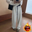 Embroidered Color-block High-waist Fleece Wide-leg Pants Women