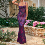 Floral Ruffle Back Tie Halter Maxi Bodycon Mermaid Dress With Multiple Patterns