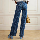Women's Casual Water Wave Print Straight Leg Denim Pants