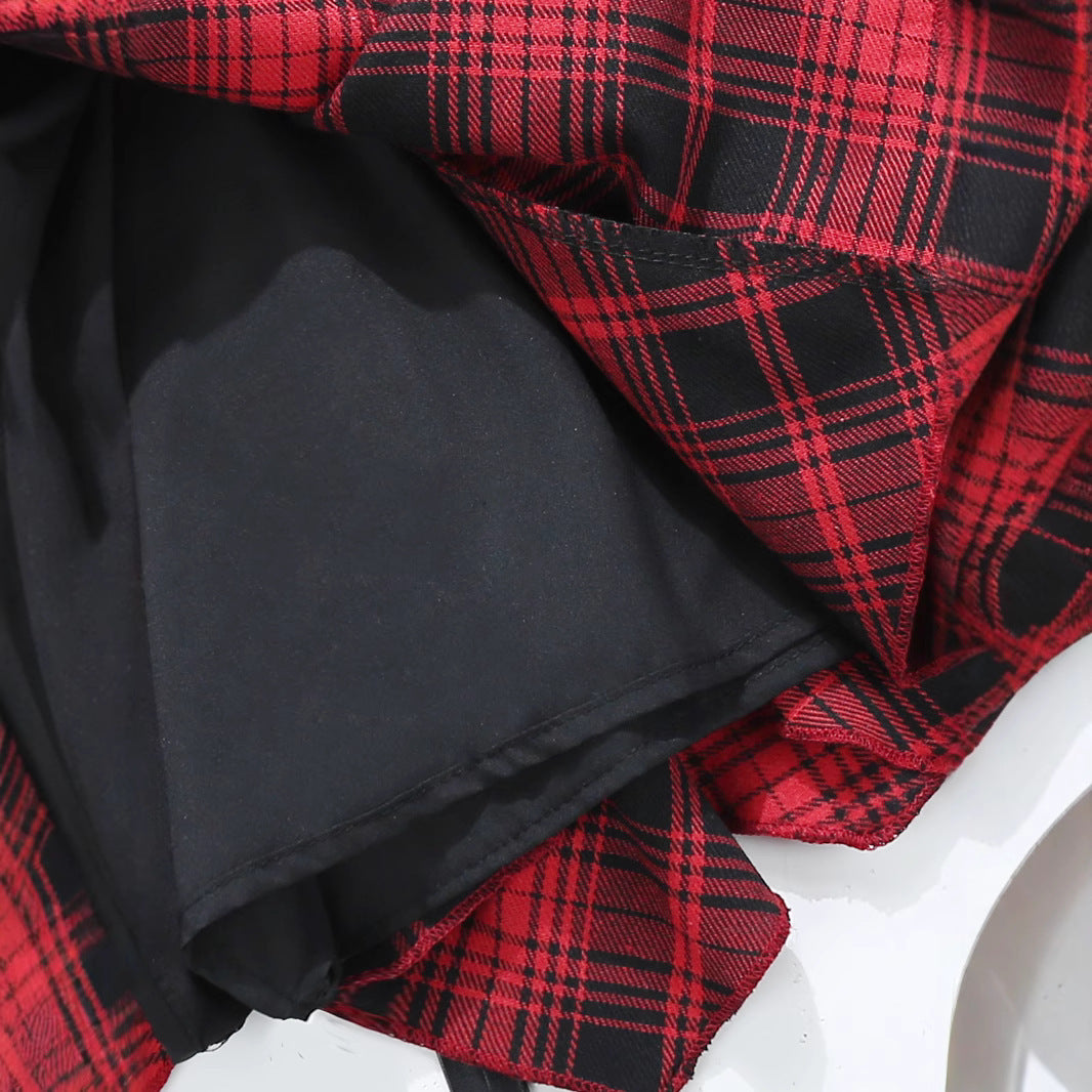 Irregular Red Plaid Pleated Skirt Exposure-proof Skirt