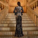 Long Sleeve Round Neck Slim-fit Sheath Sequined Banquet Fishtail Evening Dress