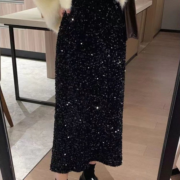 Women's Shiny High Waist Slit Black Overskirt