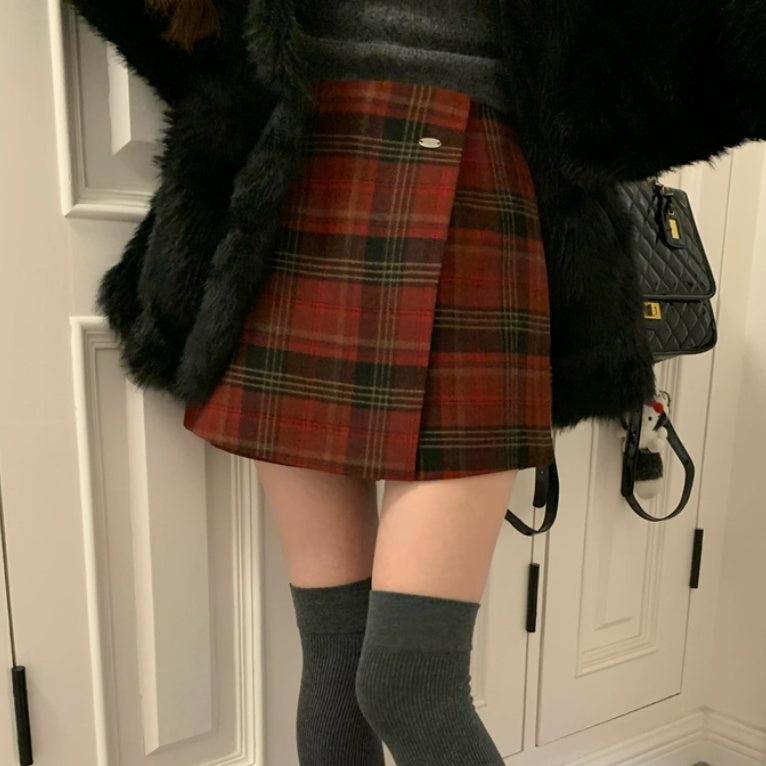 Winter Plaid Woolen Pants And Skirts To Prevent Exposure, Lazy A-line Short Skirts And Shorts