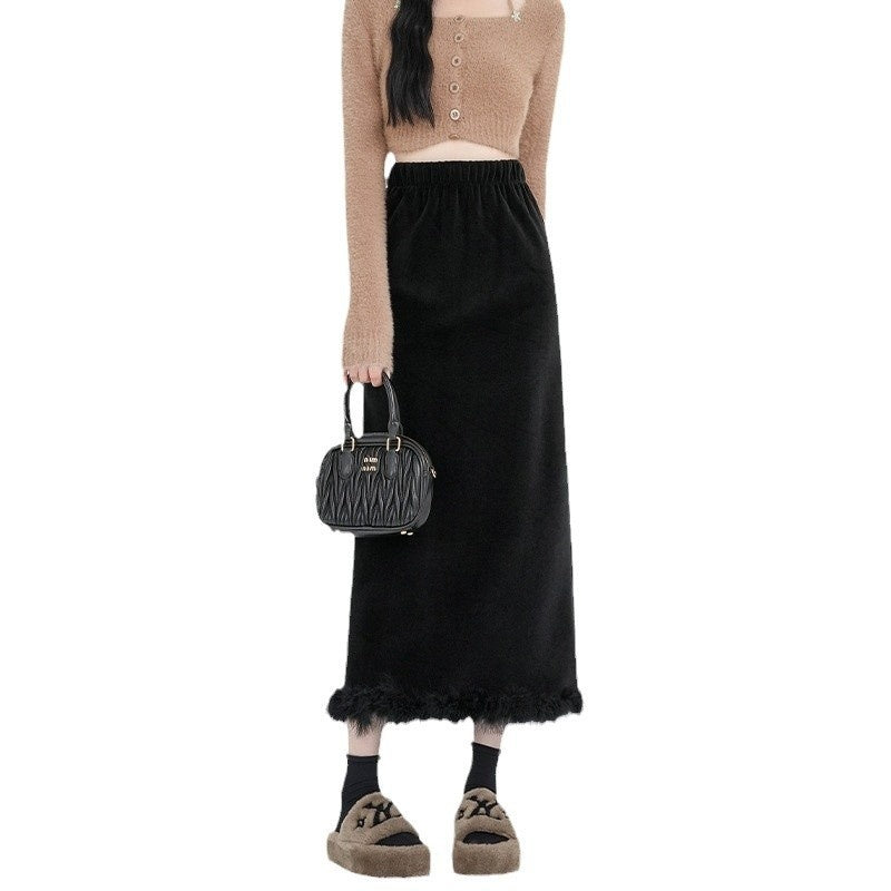 Black Plus Velvet Half-length High-waisted Skirt Women