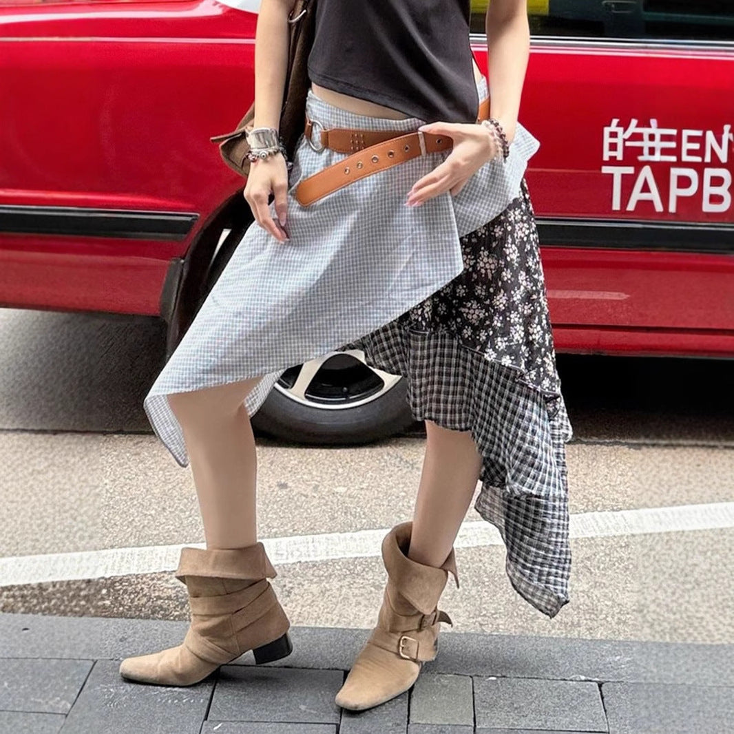 Niche Waste Soil Wind Street Irregular Plaid Floral Slimming Skirt