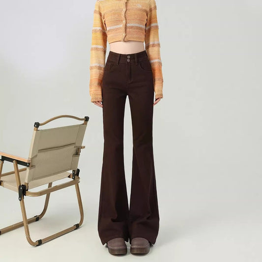 Brown High-waisted Slimming Maillard Flared Pants For Petite