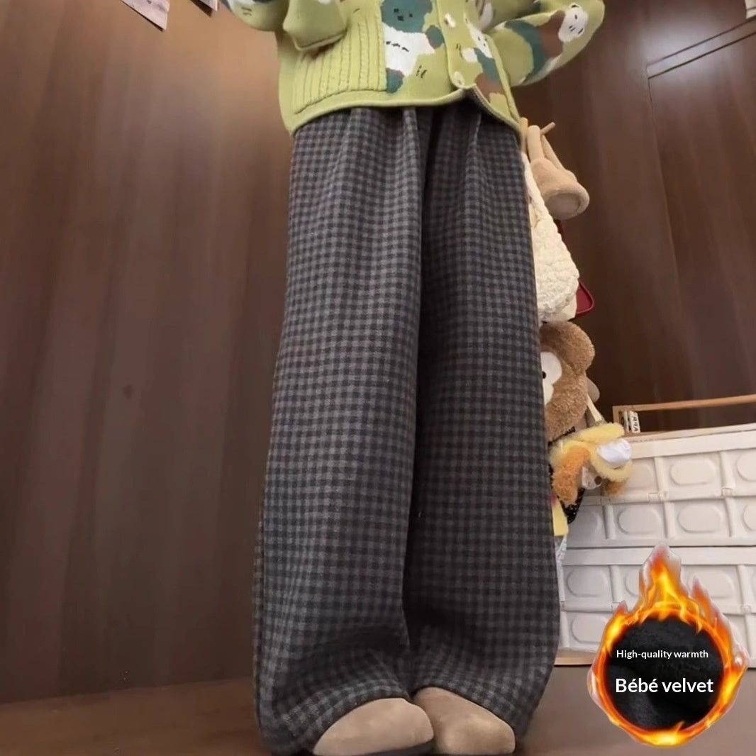 Loose And Versatile Fleece Plaid Wide-leg Pants For Women