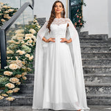 Women's Plus Size Solid Color Elegant Chiffon Round Neck Lace Stitching Cloak Evening Dress