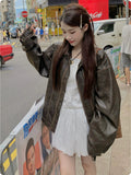 American Sweet Cool Retro Vintage Brown Leather Coat