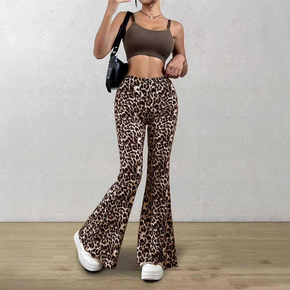 Casual Sexy Knitted Stretch Elastic Leopard Print Flared Pants