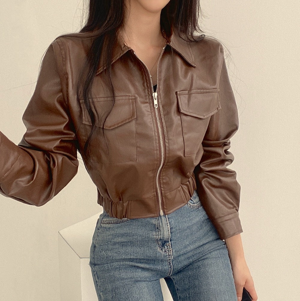 Double Pocket Lapel Leather Coat Leather Jacket Coat