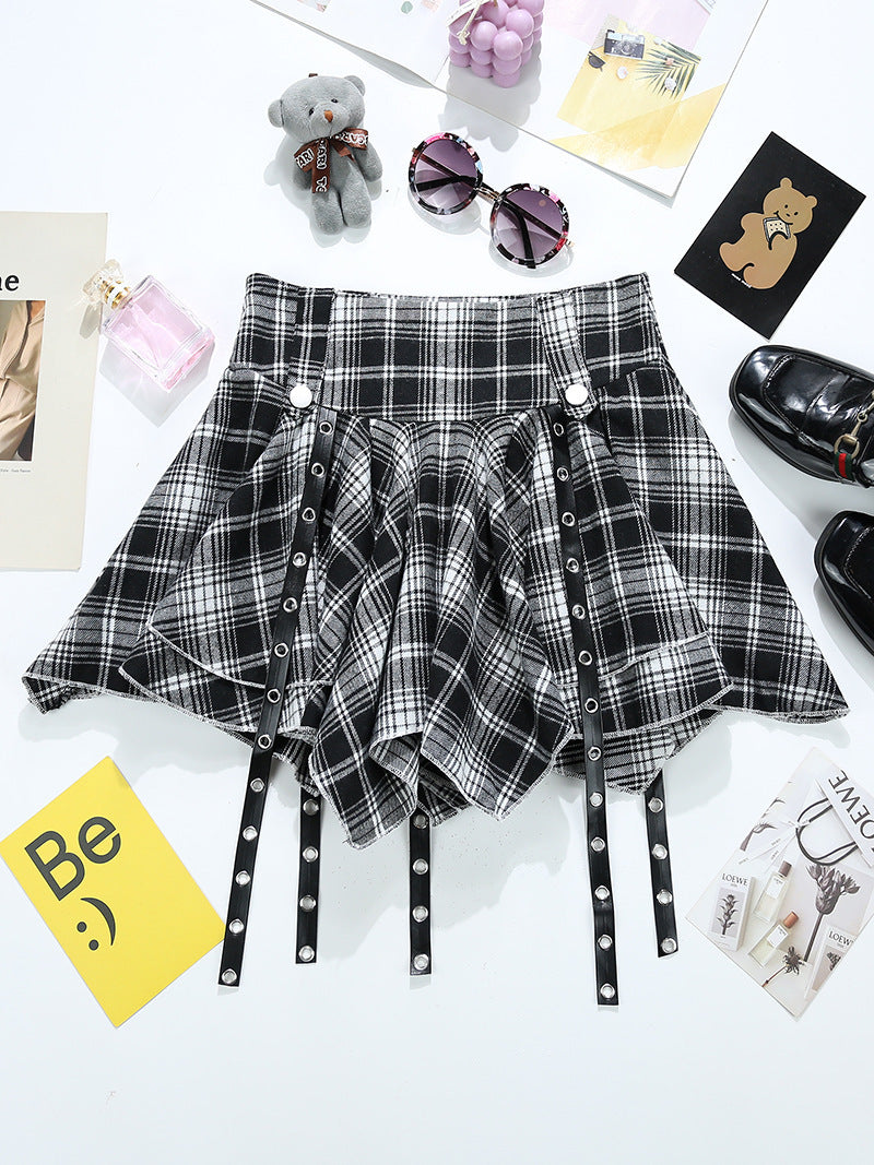 Irregular Red Plaid Pleated Skirt Exposure-proof Skirt