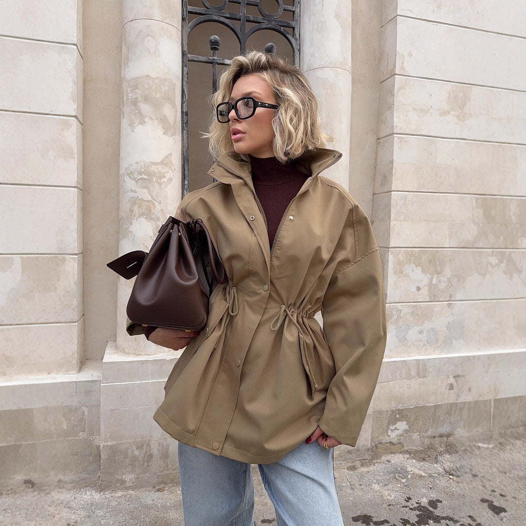 Stand-collar Mid-length Windbreaker Drawstring Waist Jacket