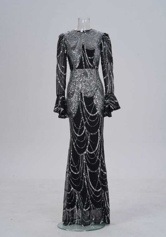 Long Sleeve Round Neck Slim-fit Sheath Sequined Banquet Fishtail Evening Dress