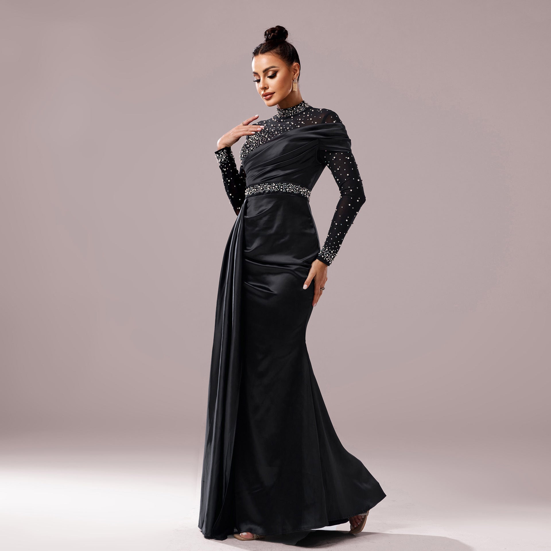 Long Sleeve Slim-fit Sheath Pearl Banquet Fishtail Evening Dress