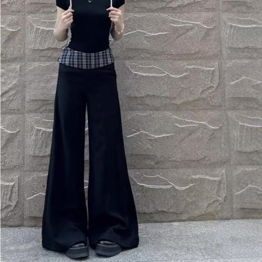 Women's High Waist Loose Plaid Patch Casual Wide Leg Pants