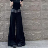 Women's High Waist Loose Plaid Patch Casual Wide Leg Pants
