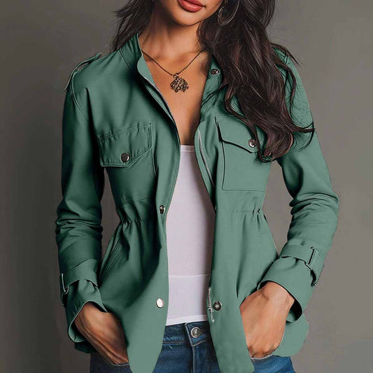 Long Sleeve Waist-tight Jacket Pocket Windbreaker Coat Women's Clothing