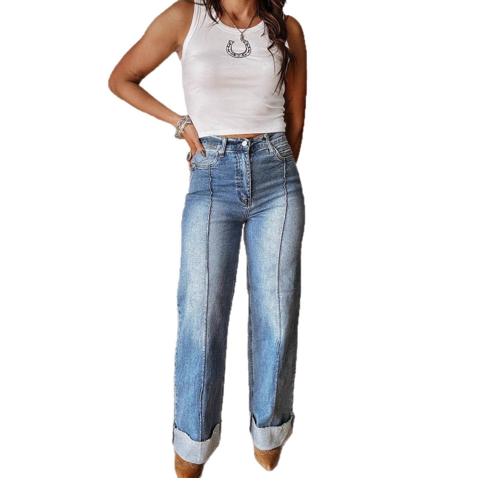 Women's Fashion Casual Washed Stretch Mid-rise Straight Leg Jeans