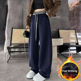 Embroidered Color-block High-waist Fleece Wide-leg Pants Women