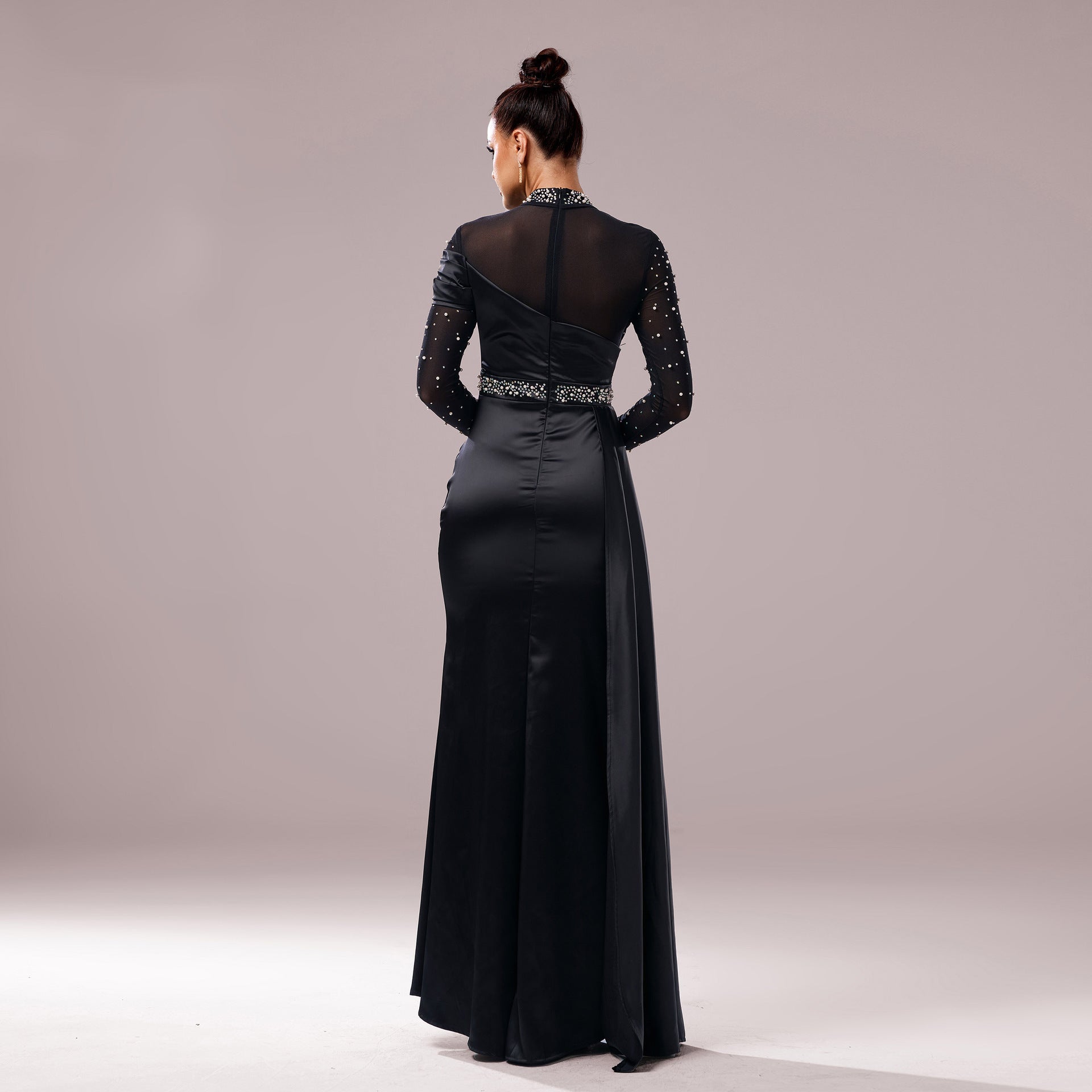 Long Sleeve Slim-fit Sheath Pearl Banquet Fishtail Evening Dress
