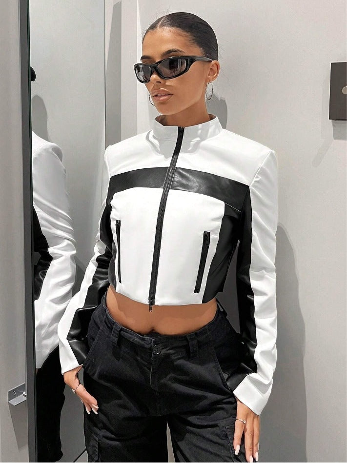 Black And White Contrast Color Leather Coat Women's Zipper Short Slim Jacket