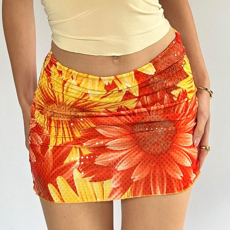 Small Floral High Waist Sheath Skirt Pure Sweet Girl Short Slim Fit