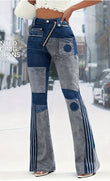 Ursime Zipper Button Flare Leg Patchwork Pants