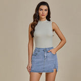 Women's Polyester Short Skirt Denim Mini Skirt Side Slit With Height Belt