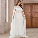 Women's Plus Size Solid Color Elegant Chiffon Round Neck Lace Stitching Cloak Evening Dress
